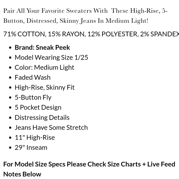 Sneak Peek High Rise 5 Button Fly Distressed Skinny Jeans Size 7/28 - Picture 7 of 16